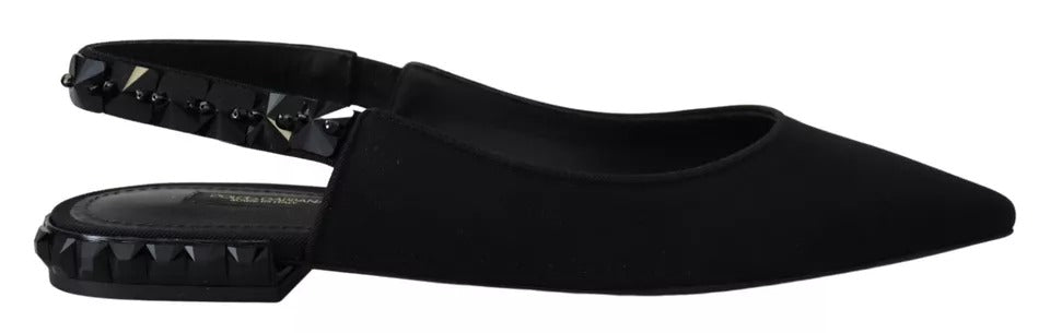 Dolce & Gabbana Black Flats Crystal Slingback Charmeuse Shoes - SMARTMARTNZ