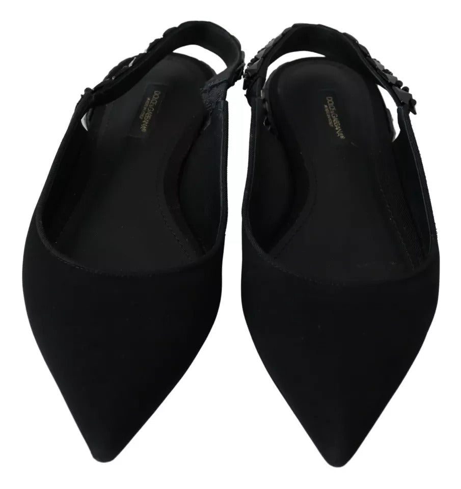 Dolce & Gabbana Black Flats Crystal Slingback Charmeuse Shoes - SMARTMARTNZ