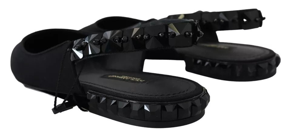 Dolce & Gabbana Black Flats Crystal Slingback Charmeuse Shoes - SMARTMARTNZ