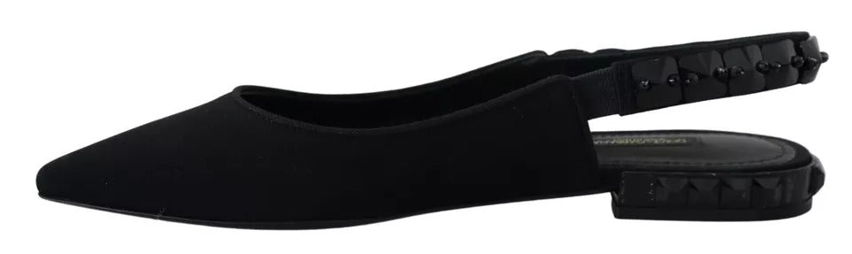 Dolce & Gabbana Black Flats Crystal Slingback Charmeuse Shoes - SMARTMARTNZ