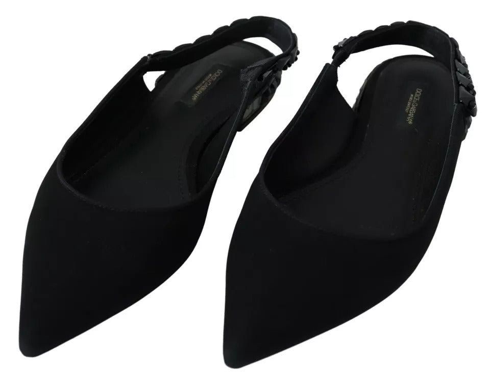 Dolce & Gabbana Black Flats Crystal Slingback Charmeuse Shoes - SMARTMARTNZ