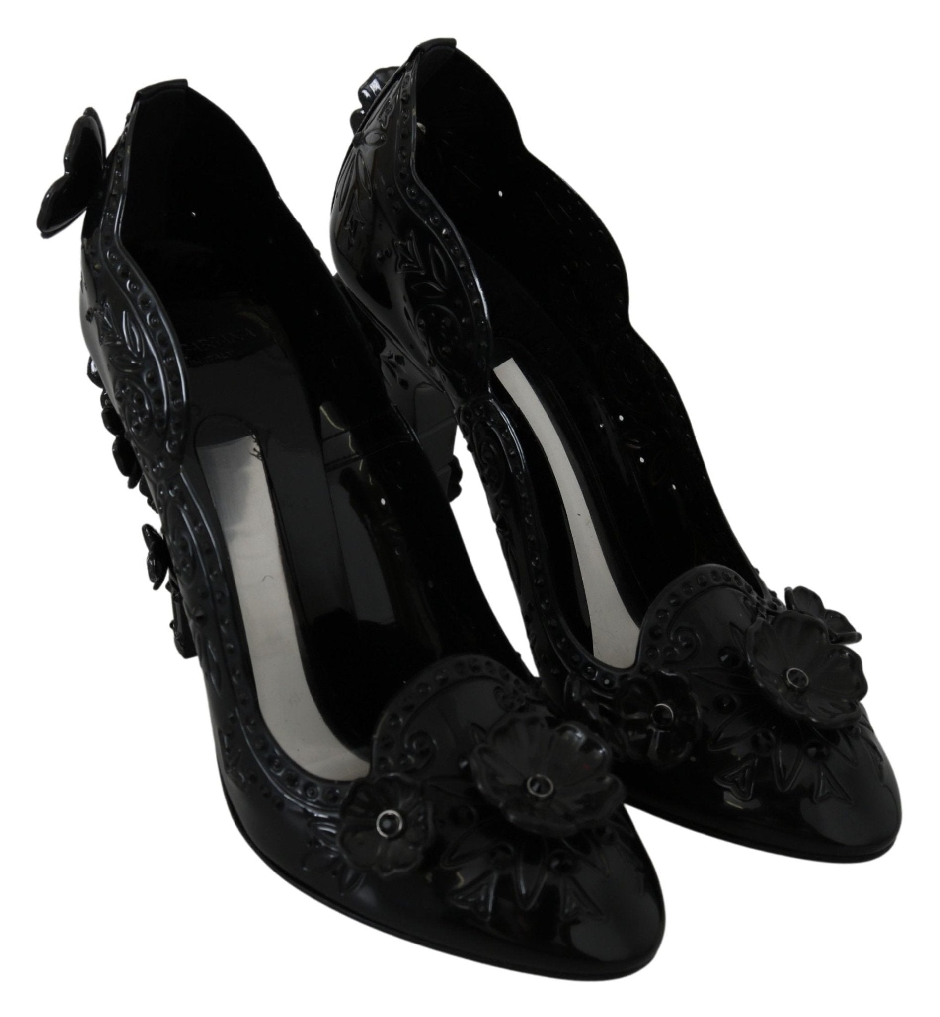 Dolce & Gabbana Black Floral Crystal CINDERELLA Heels Shoes - SMARTMARTNZ