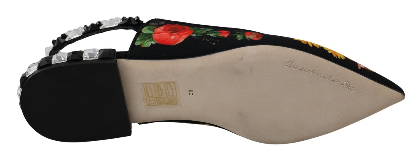 Dolce & Gabbana Black Floral Crystal Slingbacks Flats Shoes - SMARTMARTNZ