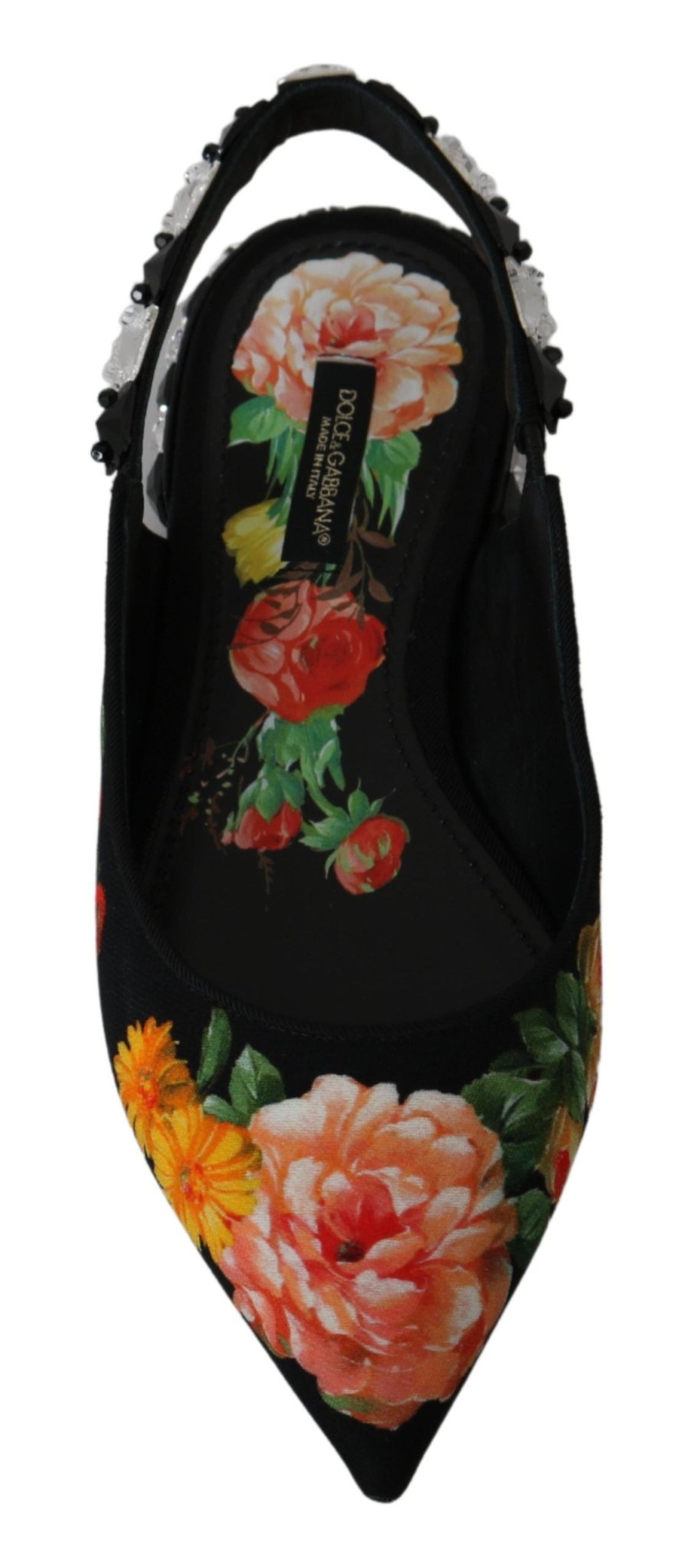 Dolce & Gabbana Black Floral Crystal Slingbacks Flats Shoes - SMARTMARTNZ