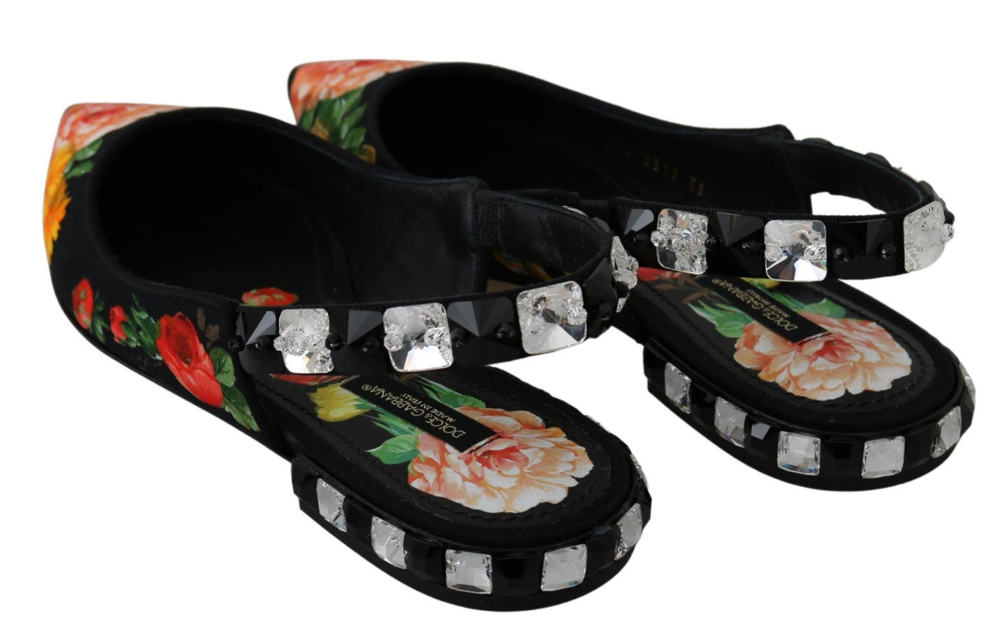 Dolce & Gabbana Black Floral Crystal Slingbacks Flats Shoes - SMARTMARTNZ