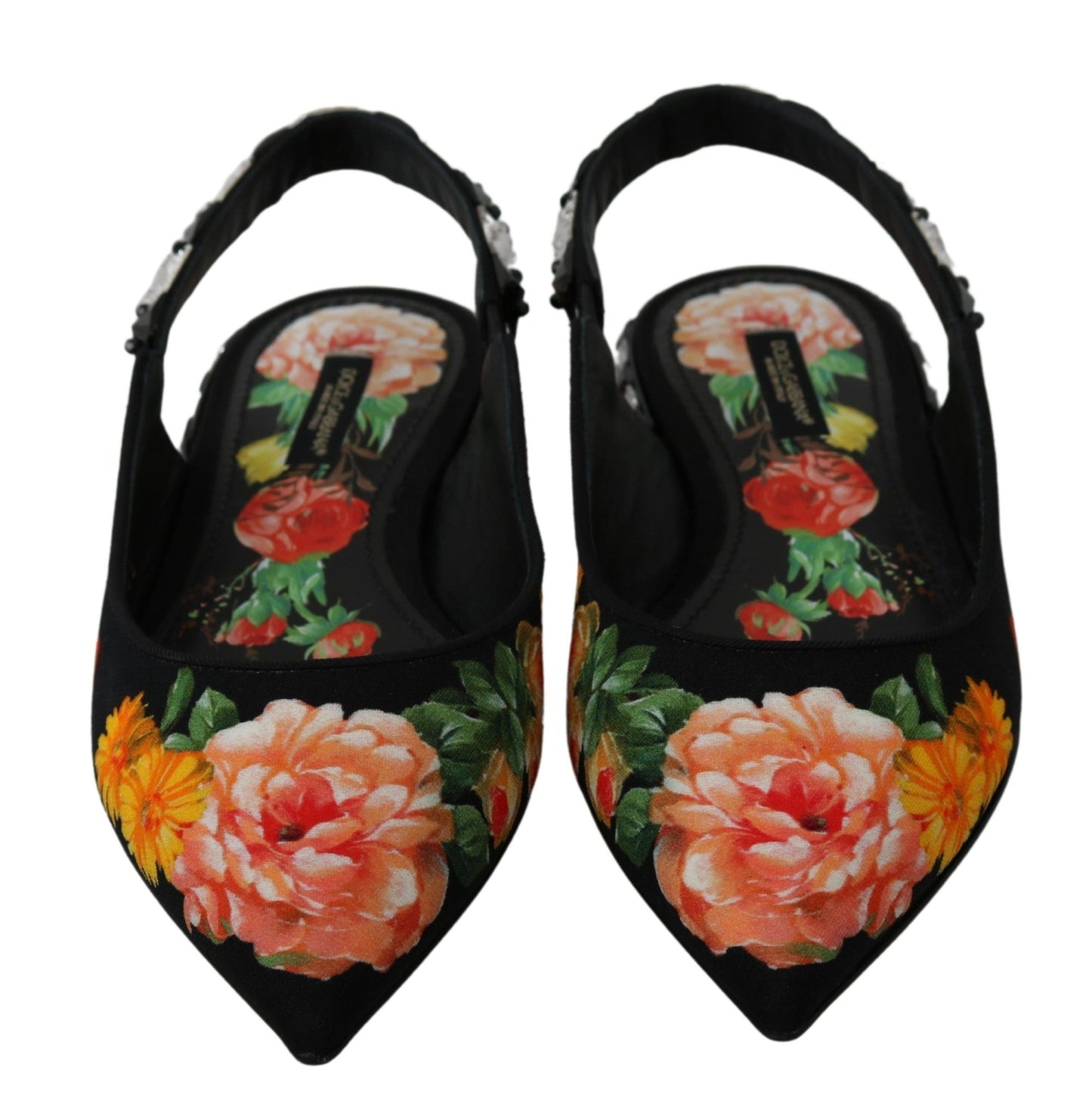 Dolce & Gabbana Black Floral Crystal Slingbacks Flats Shoes - SMARTMARTNZ