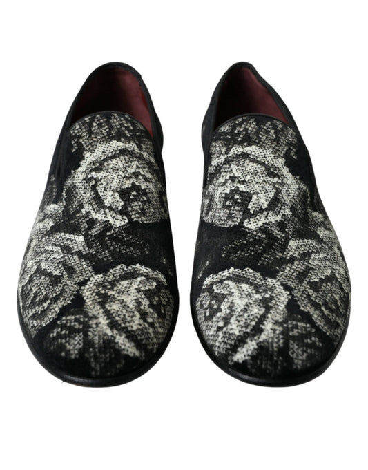 Dolce & Gabbana Black Floral Slippers Men Loafers Dress Shoes - SMARTMARTNZ