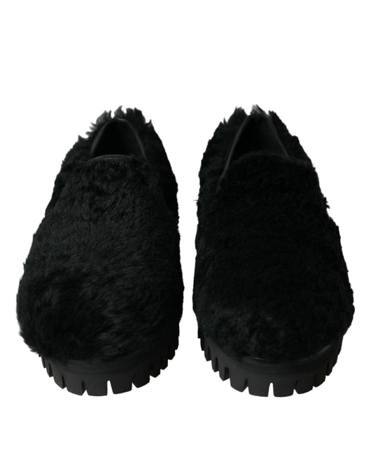 Dolce & Gabbana Black Fur Leather Slippers Dress Shoes - SMARTMARTNZ