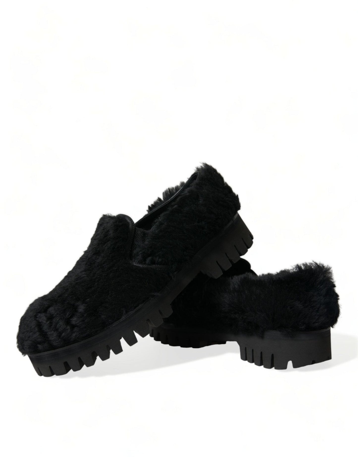 Dolce & Gabbana Black Fur Leather Slippers Dress Shoes - SMARTMARTNZ