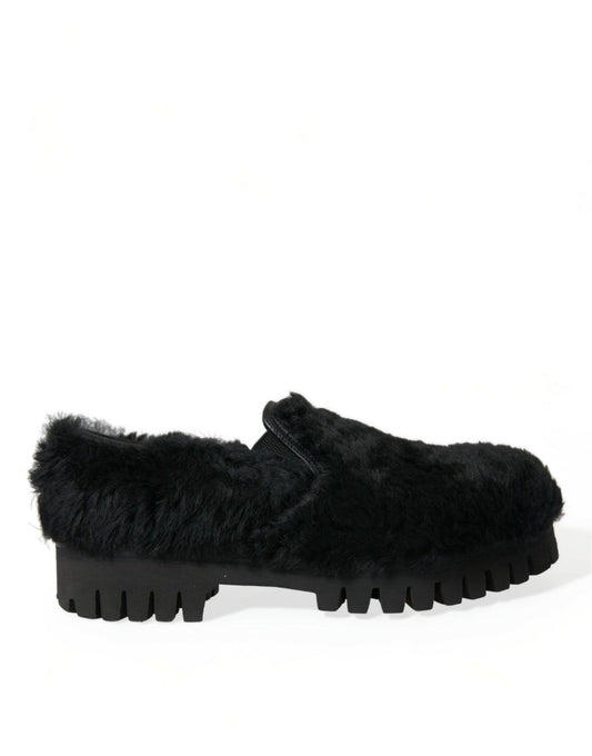 Dolce & Gabbana Black Fur Leather Slippers Dress Shoes - SMARTMARTNZ