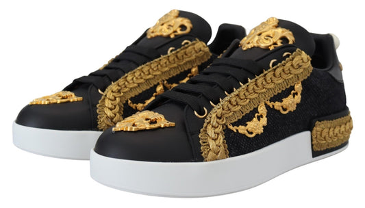 Dolce & Gabbana Black Gold Baroque Portofino Leather Sneakers Shoes - SMARTMARTNZ
