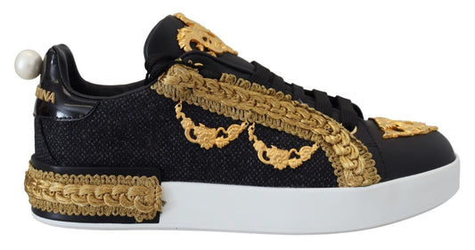 Dolce & Gabbana Black Gold Baroque Portofino Leather Sneakers Shoes - SMARTMARTNZ
