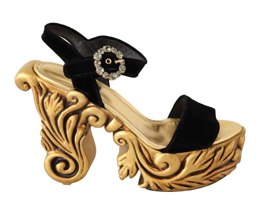 Dolce & Gabbana Black Gold Baroque Velvet Heels Crystal Shoes - SMARTMARTNZ