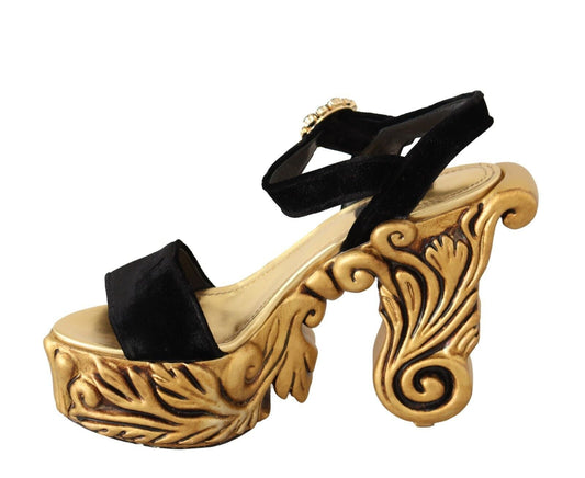 Dolce & Gabbana Black Gold Baroque Velvet Heels Crystal Shoes - SMARTMARTNZ
