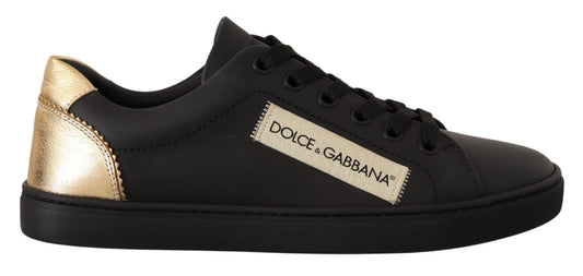 Dolce & Gabbana Black Gold Leather Low Top Sneakers Womens Shoes - SMARTMARTNZ