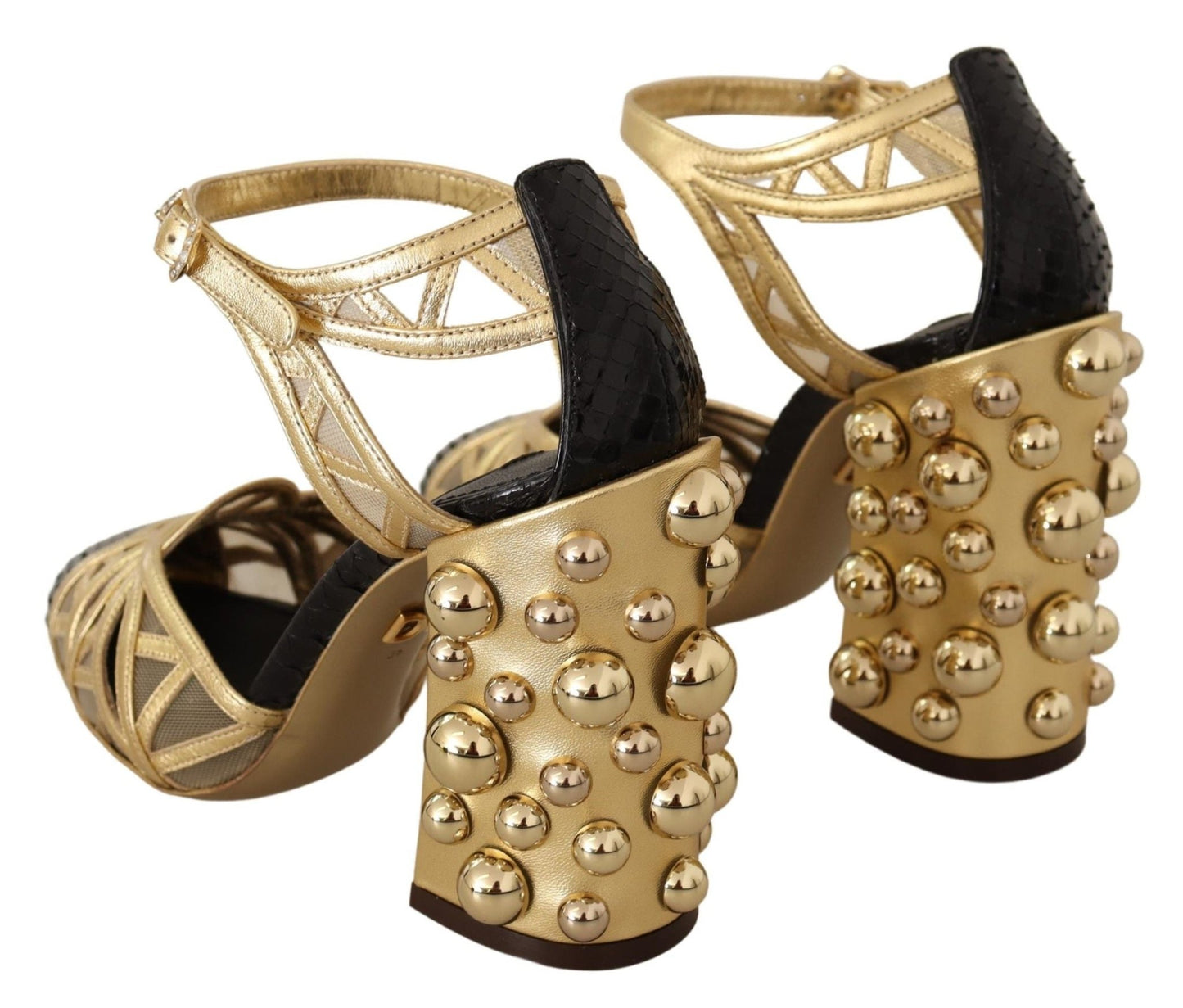 Dolce & Gabbana Black Gold Leather Studded Ankle Straps Shoes - SMARTMARTNZ
