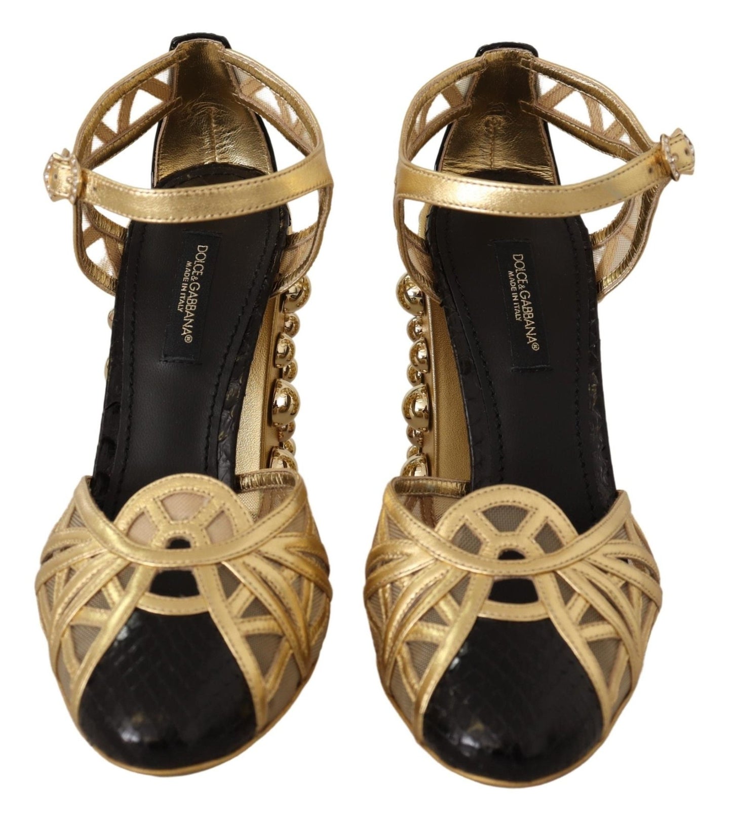 Dolce & Gabbana Black Gold Leather Studded Ankle Straps Shoes - SMARTMARTNZ