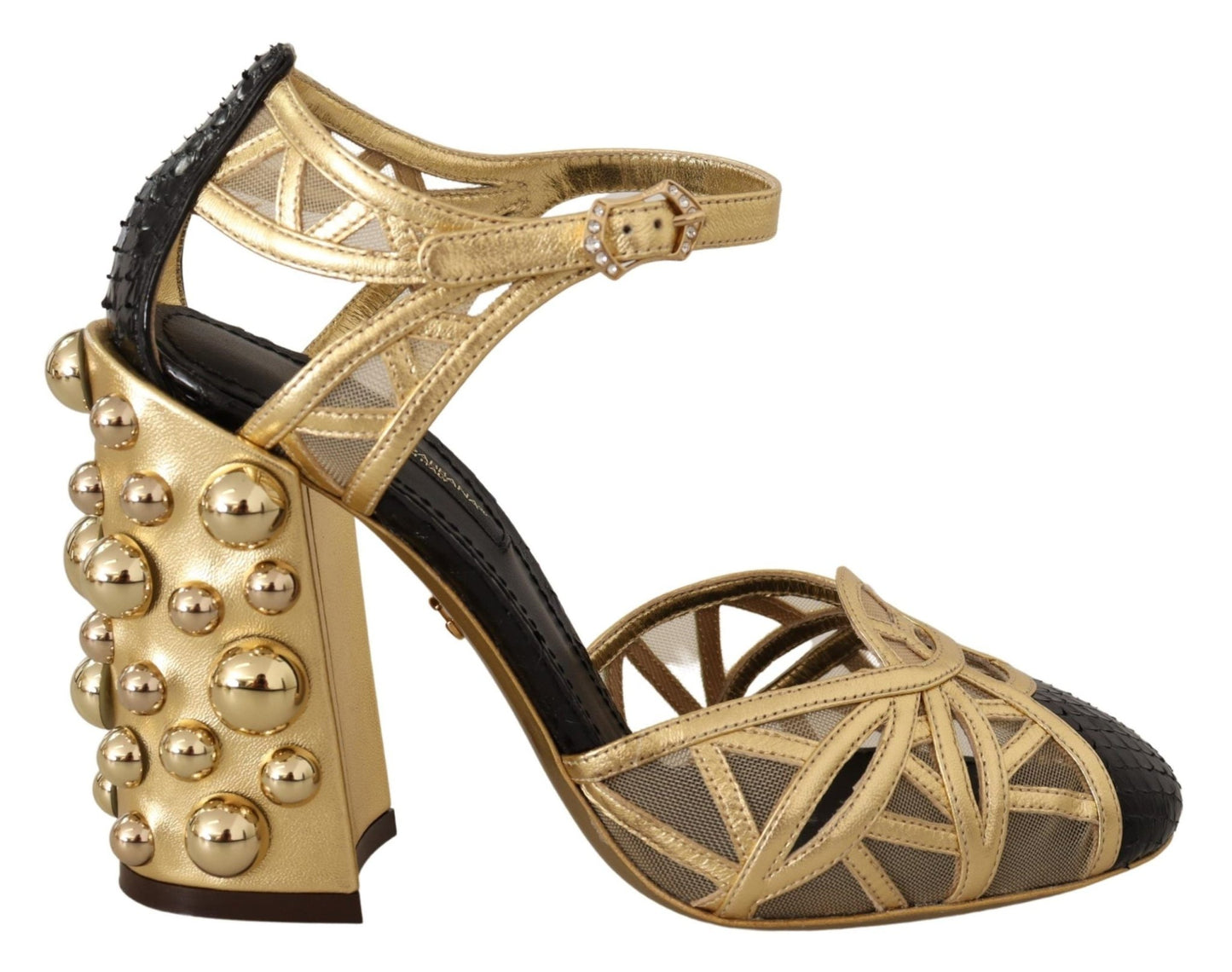 Dolce & Gabbana Black Gold Leather Studded Ankle Straps Shoes - SMARTMARTNZ