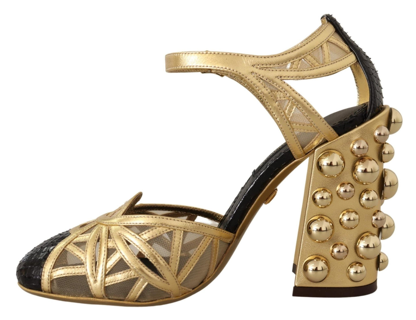 Dolce & Gabbana Black Gold Leather Studded Ankle Straps Shoes - SMARTMARTNZ