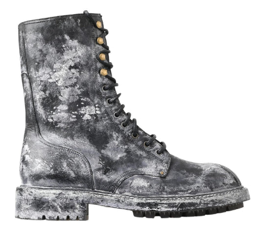 Dolce & Gabbana Black Gray Leather Mid Calf Boots Shoes - SMARTMARTNZ