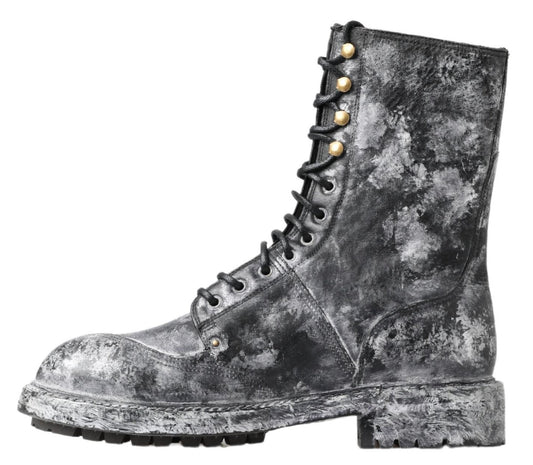 Dolce & Gabbana Black Gray Leather Mid Calf Boots Shoes - SMARTMARTNZ