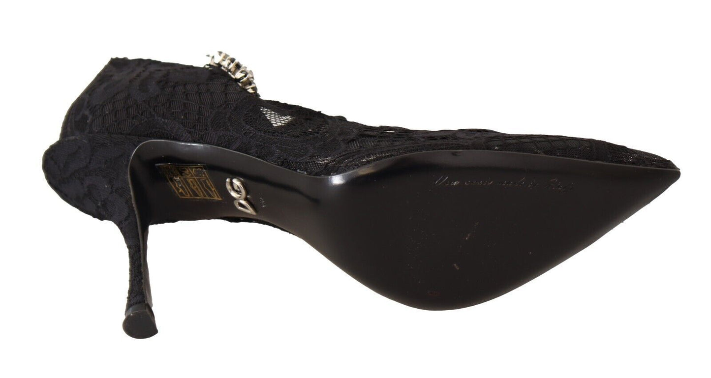 Dolce & Gabbana Black Lace Crystals Heels Mary Jane Pumps Shoes - SMARTMARTNZ