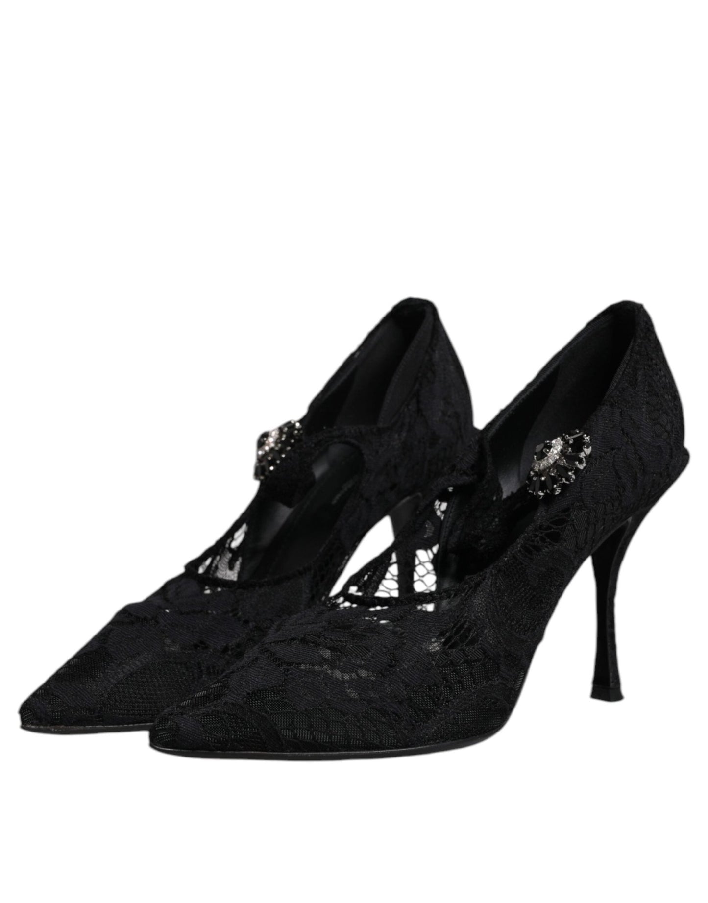 Dolce & Gabbana Black Lace Crystals Mary Jane Pumps Shoes - SMARTMARTNZ