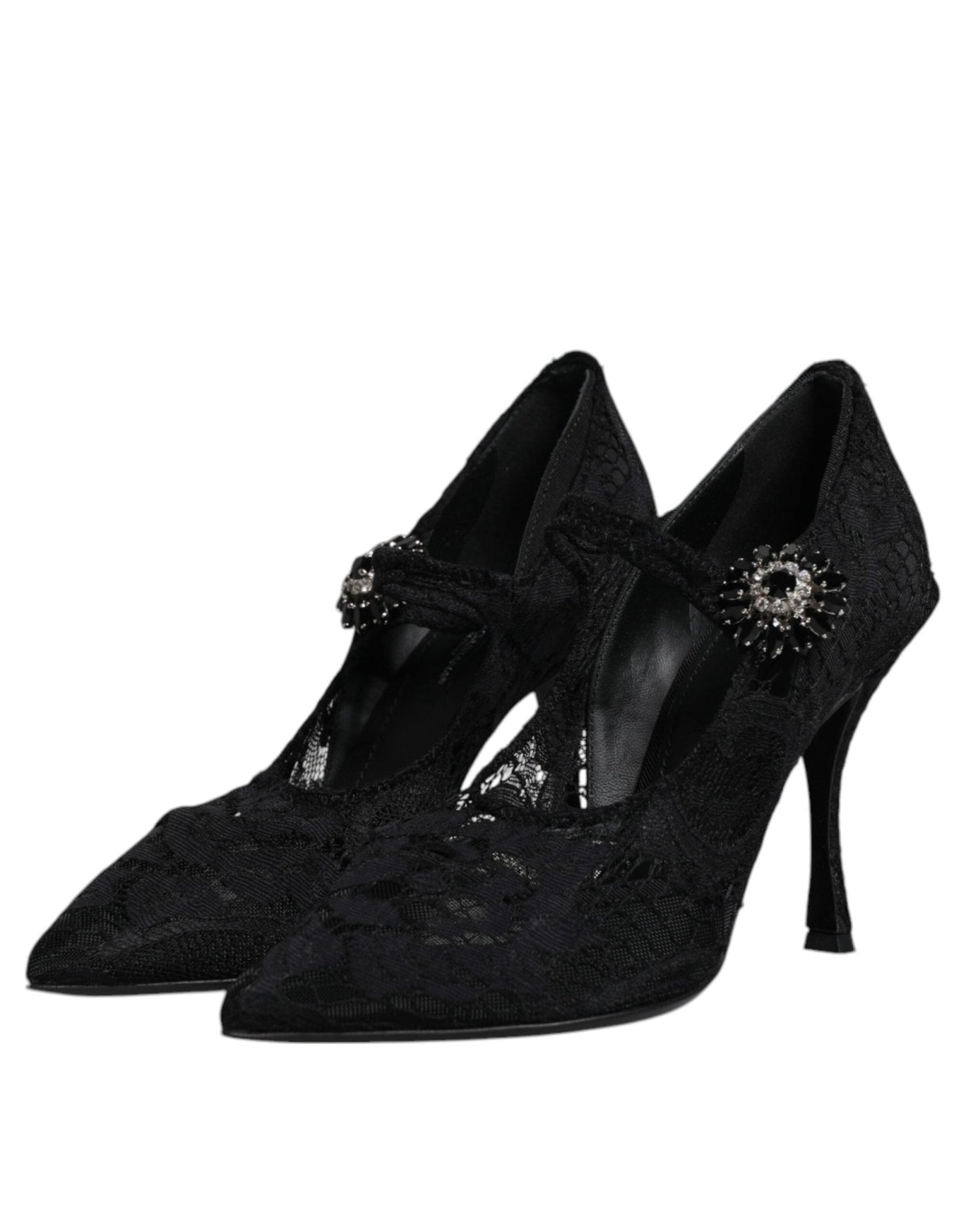 Dolce & Gabbana Black Lace Crystals Mary Jane Pumps Shoes - SMARTMARTNZ
