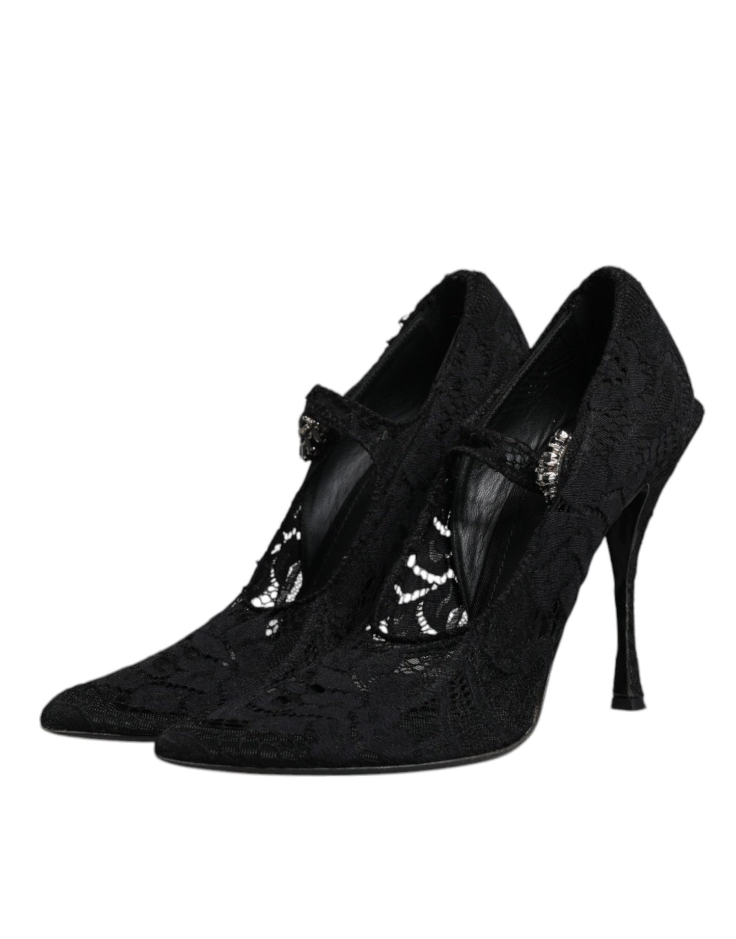Dolce & Gabbana Black Lace Crystals Mary Jane Pumps Shoes - SMARTMARTNZ