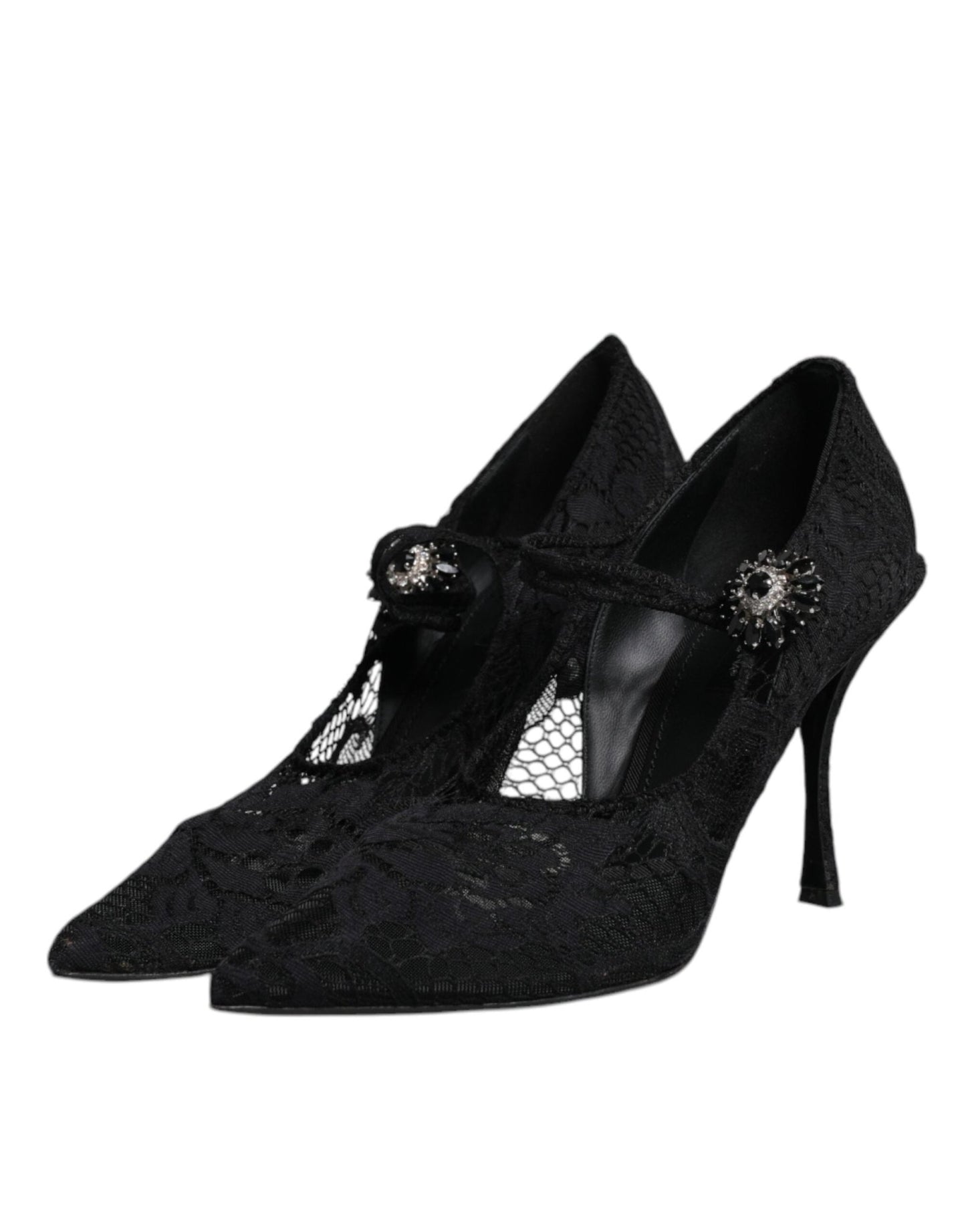 Dolce & Gabbana Black Lace Crystals Mary Jane Pumps Shoes - SMARTMARTNZ
