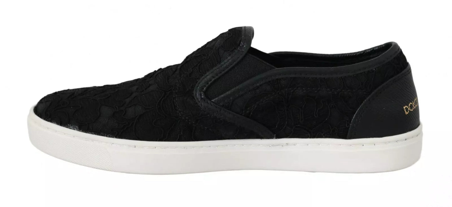 Dolce & Gabbana Black Lace Leather Logo Flat Slip - On Sneakers - SMARTMARTNZ