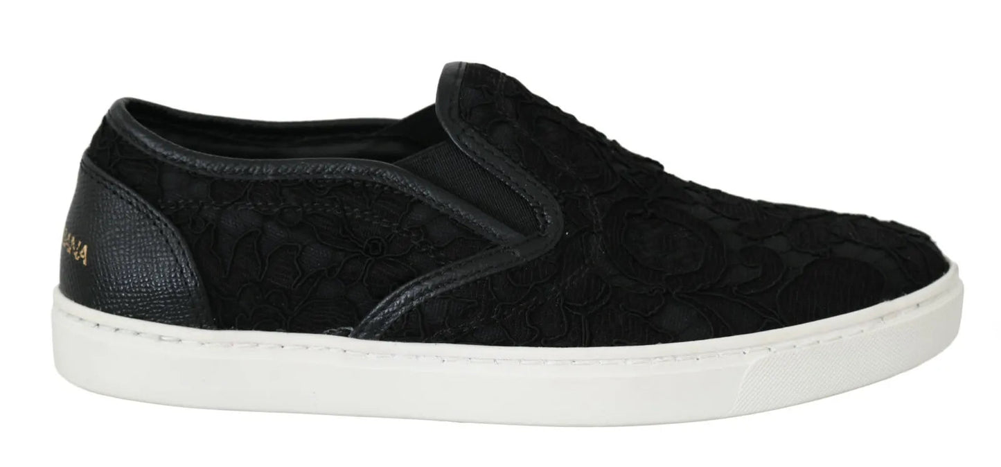 Dolce & Gabbana Black Lace Leather Logo Flat Slip - On Sneakers - SMARTMARTNZ