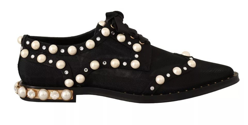 Dolce & Gabbana Black Lace Up Jewelled Formal Flats Shoes - SMARTMARTNZ