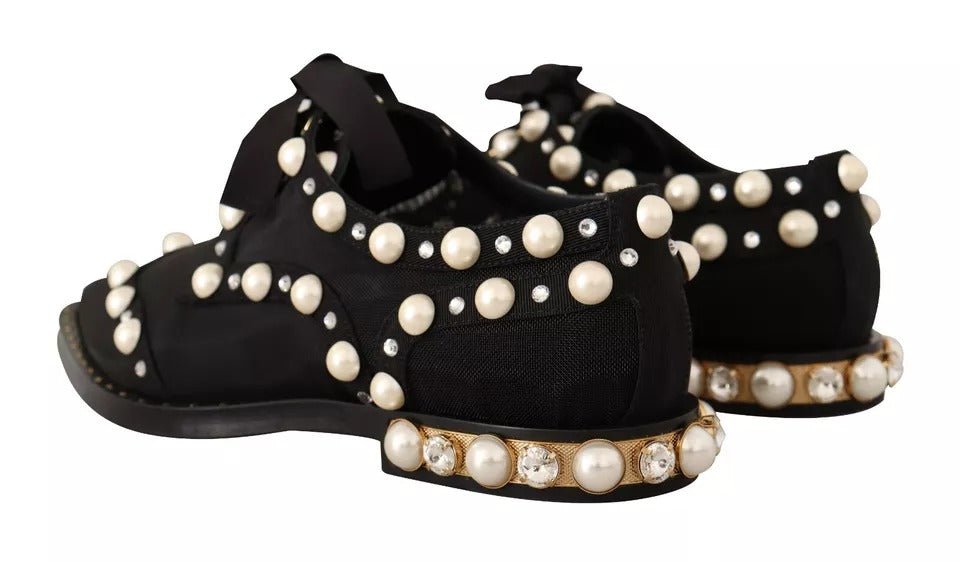 Dolce & Gabbana Black Lace Up Jewelled Formal Flats Shoes - SMARTMARTNZ