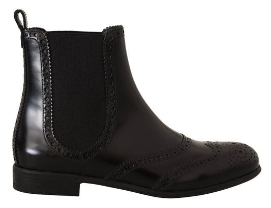 Dolce & Gabbana Black Leather Ankle High Flat Boots Shoes - SMARTMARTNZ
