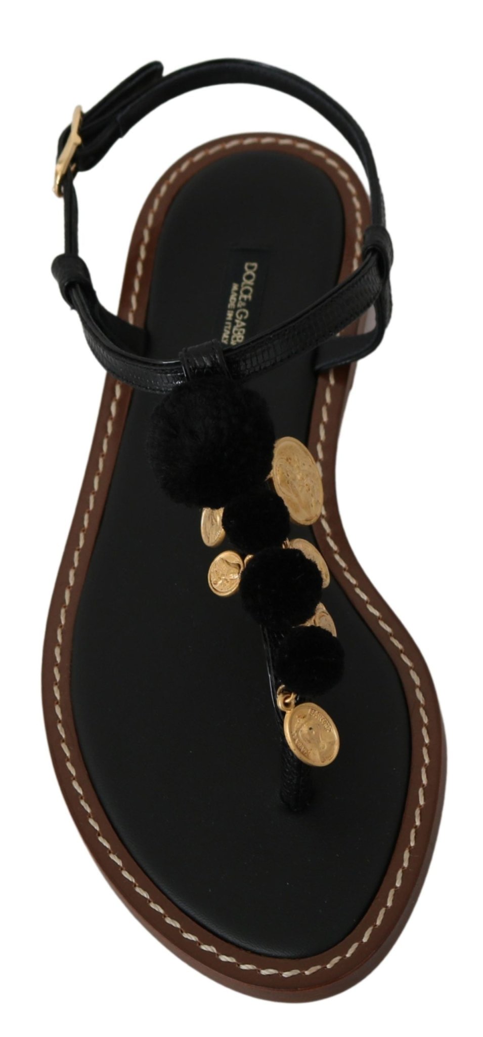 Dolce & Gabbana Black Leather Coins Flip Flops Sandals Shoes - SMARTMARTNZ
