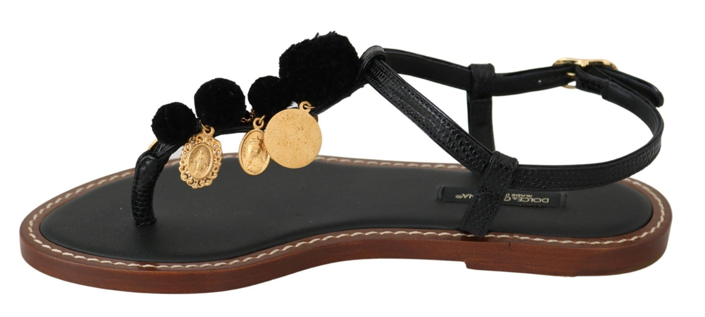 Dolce & Gabbana Black Leather Coins Flip Flops Sandals Shoes - SMARTMARTNZ