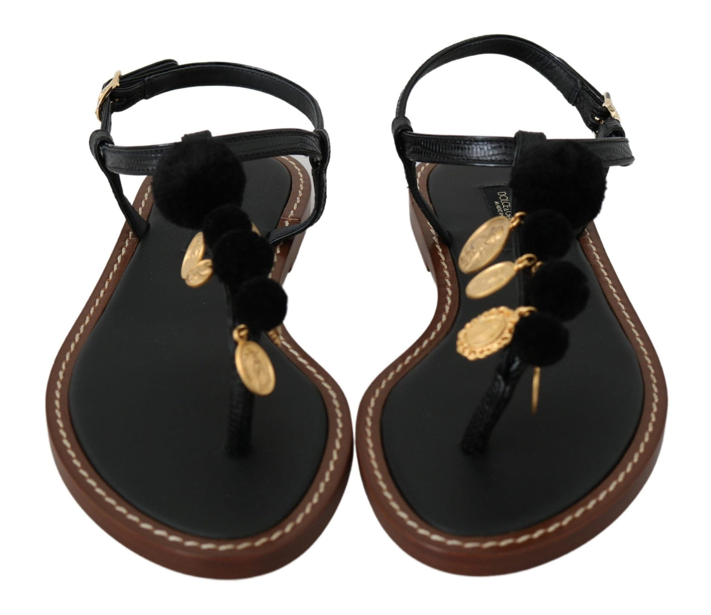 Dolce & Gabbana Black Leather Coins Flip Flops Sandals Shoes - SMARTMARTNZ