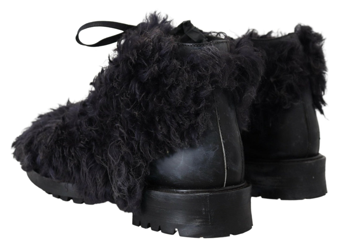Dolce & Gabbana Black Leather Combat Shearling Boots Shoes - SMARTMARTNZ