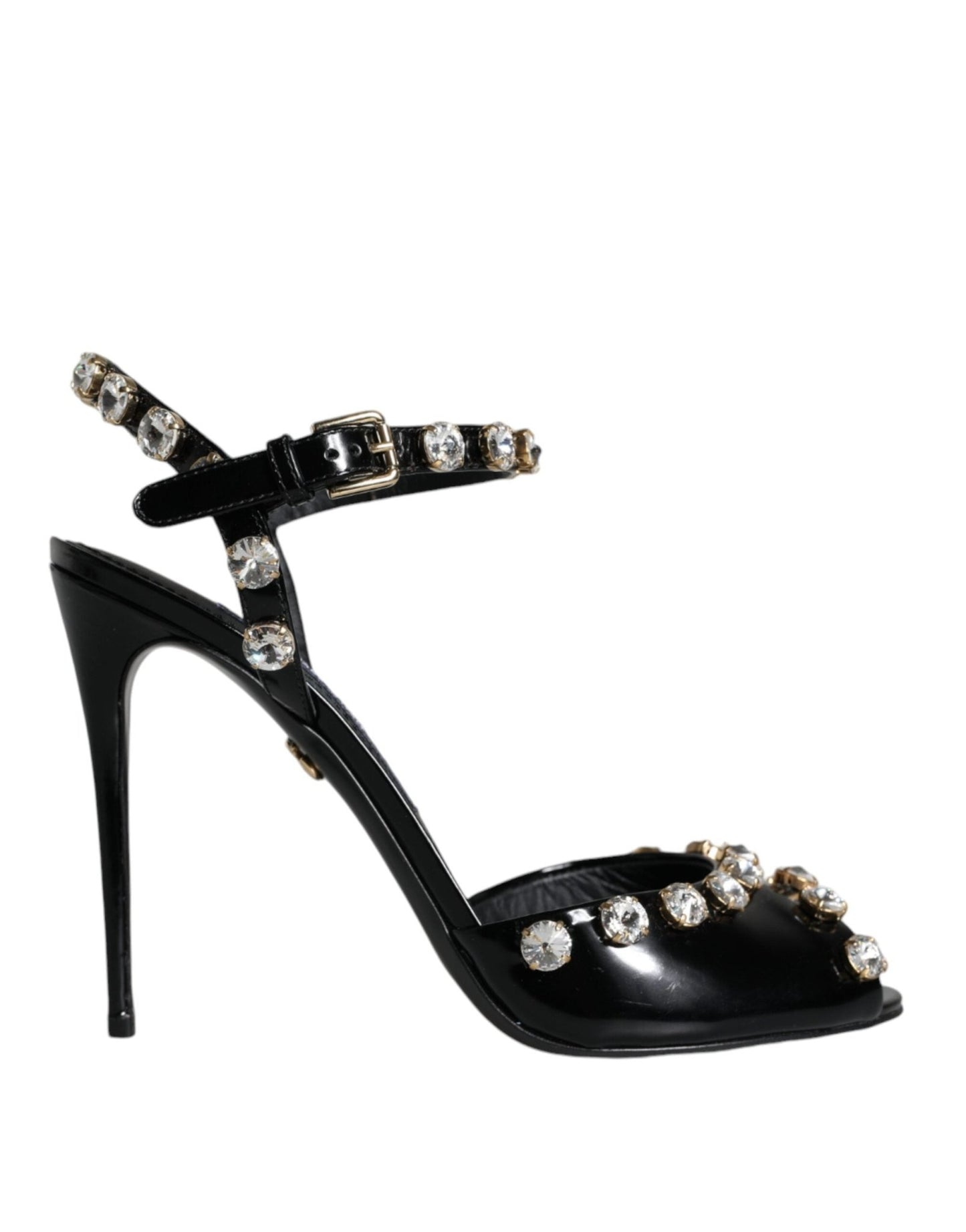 Dolce & Gabbana Black Leather Crystal Ankle Strap Sandals Shoes - SMARTMARTNZ