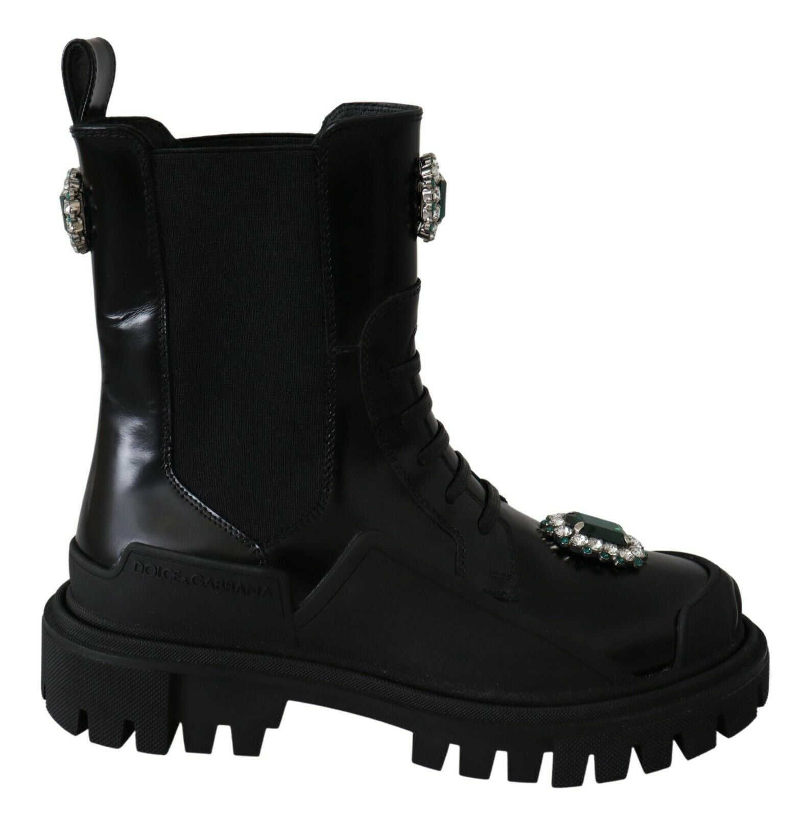 Dolce & Gabbana Black Leather Crystal Combat Boots - SMARTMARTNZ
