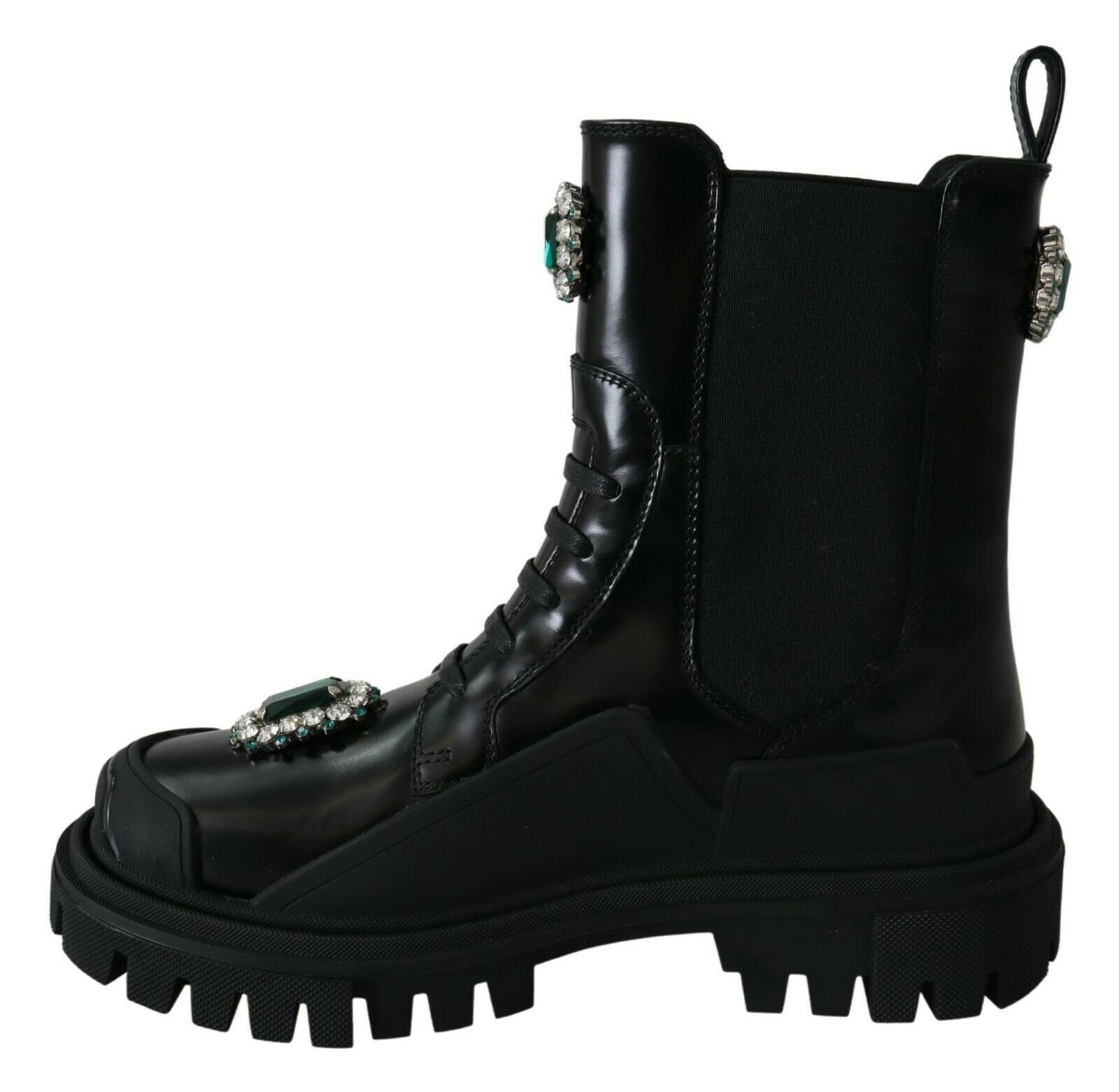 Dolce & Gabbana Black Leather Crystal Combat Boots - SMARTMARTNZ