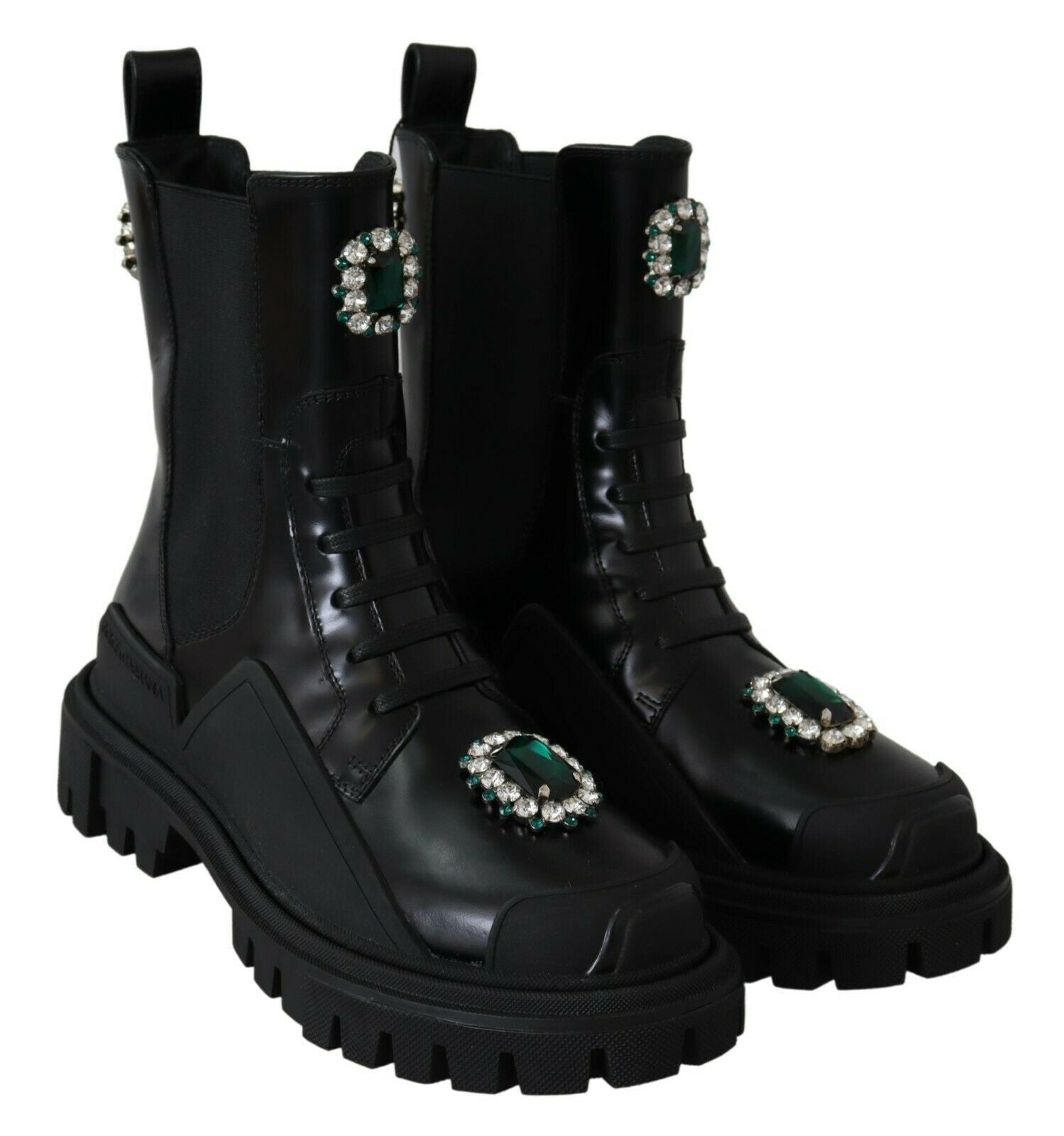 Dolce & Gabbana Black Leather Crystal Combat Boots - SMARTMARTNZ
