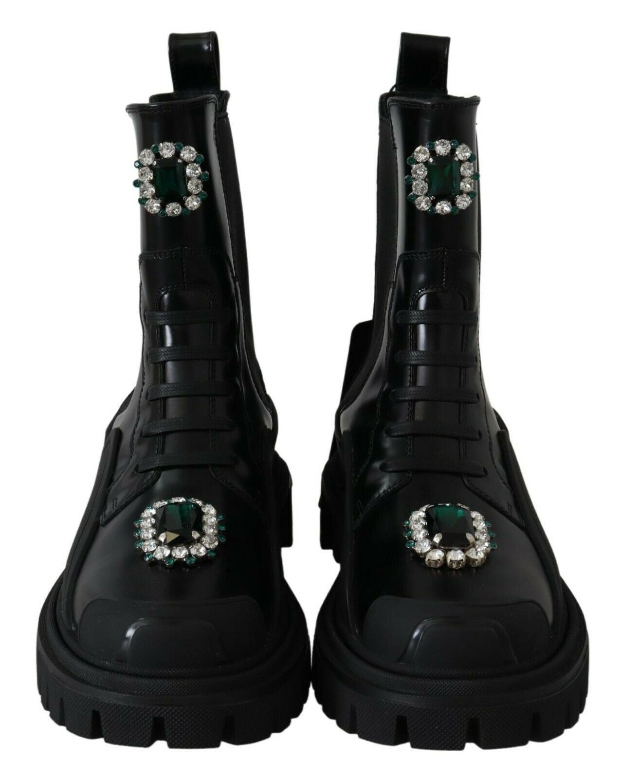 Dolce & Gabbana Black Leather Crystal Combat Boots - SMARTMARTNZ