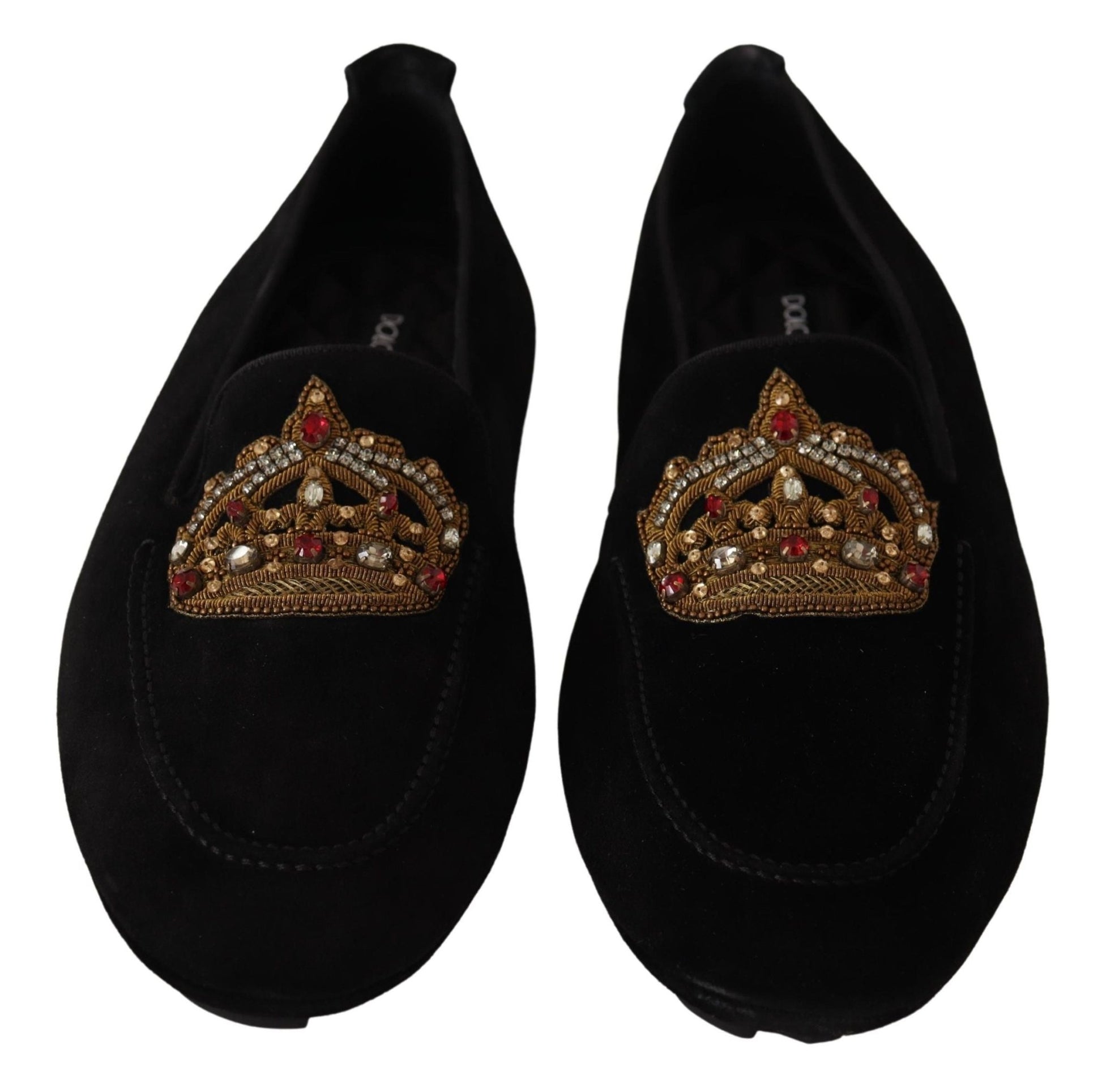 Dolce & Gabbana Black Leather Crystal Gold Crown Loafers Shoes - SMARTMARTNZ