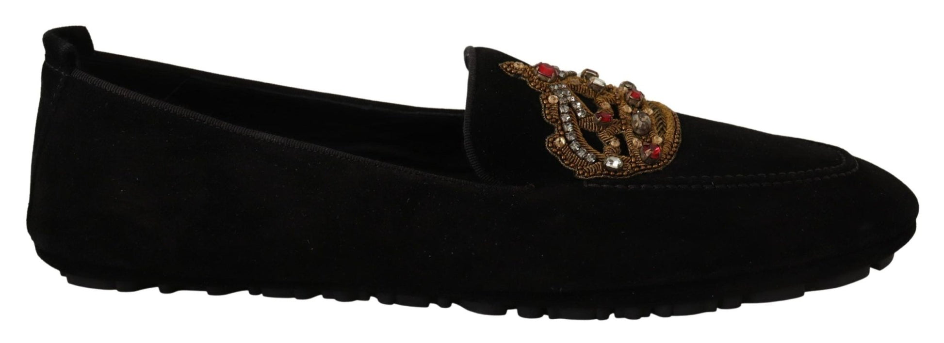 Dolce & Gabbana Black Leather Crystal Gold Crown Loafers Shoes - SMARTMARTNZ
