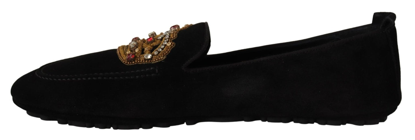 Dolce & Gabbana Black Leather Crystal Gold Crown Loafers Shoes - SMARTMARTNZ