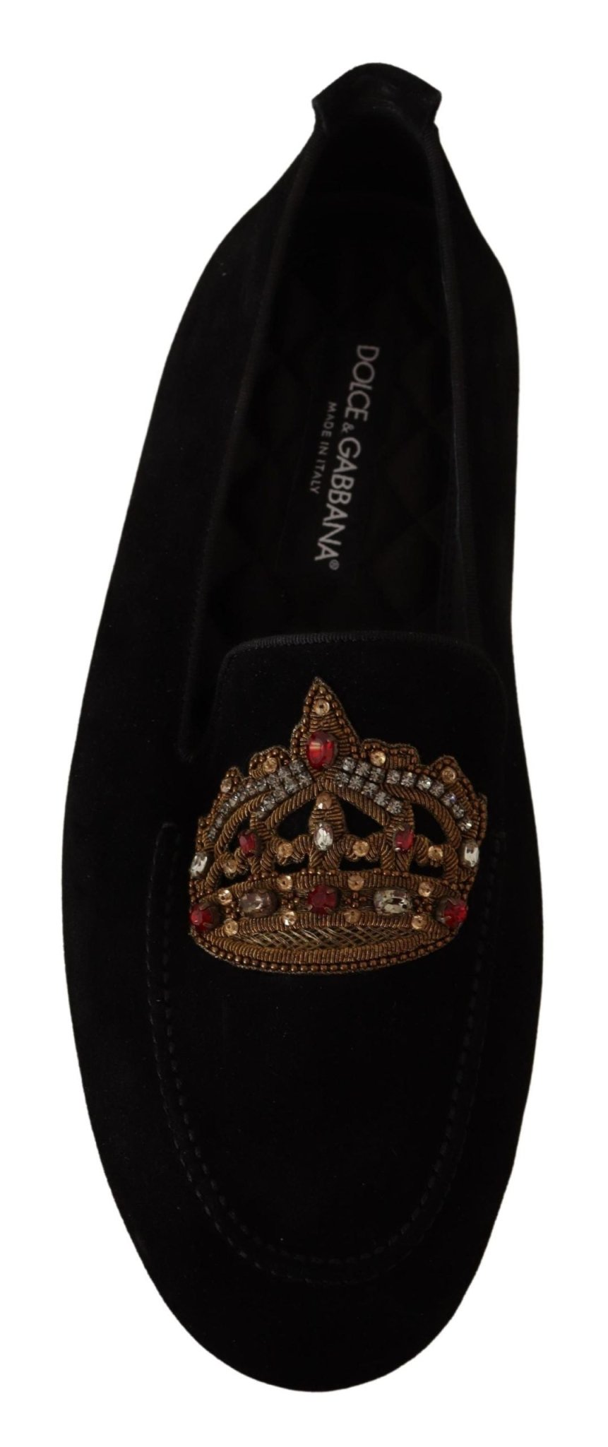 Dolce & Gabbana Black Leather Crystal Gold Crown Loafers Shoes - SMARTMARTNZ