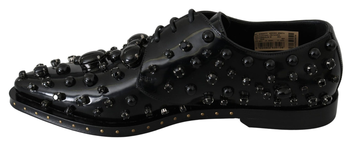 Dolce & Gabbana Black Leather Crystals Dress Broque Shoes - SMARTMARTNZ