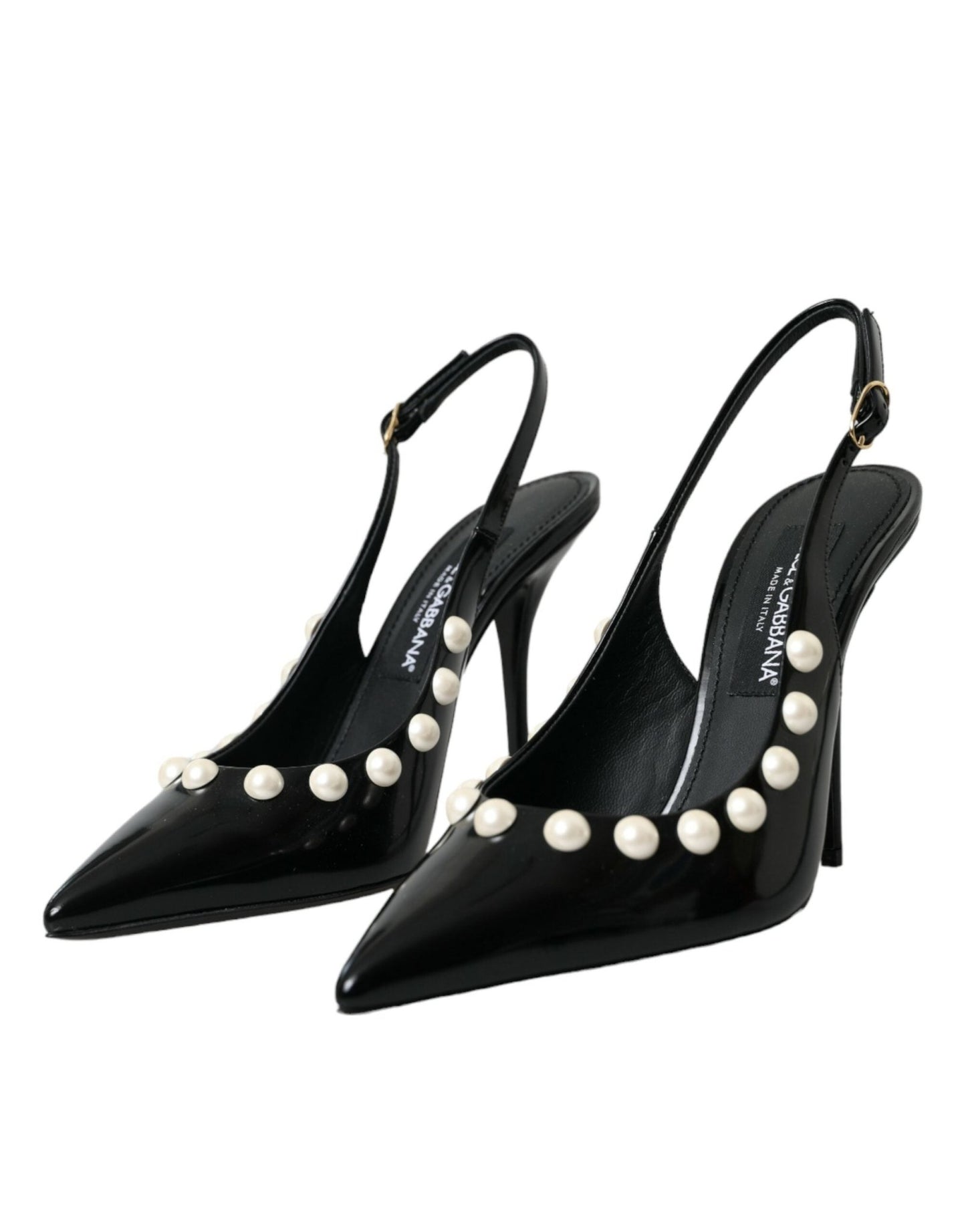 Dolce & Gabbana Black Leather Faux Pearl Heel Slingback Shoes - SMARTMARTNZ